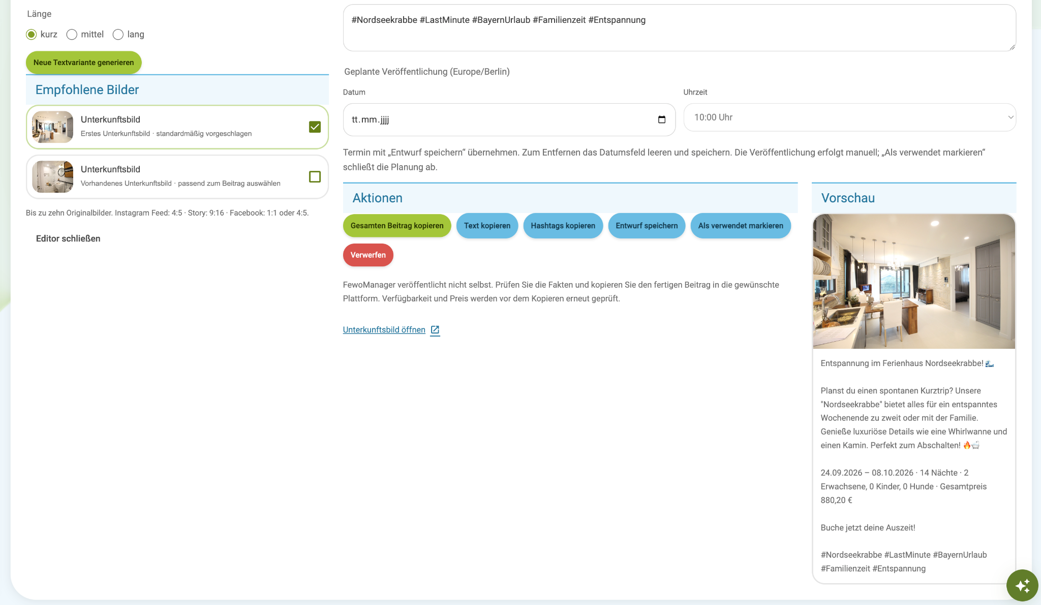 Editor mit Text, Hashtags, Bildauswahl und Vorschau eines Social-Media-Beitrags